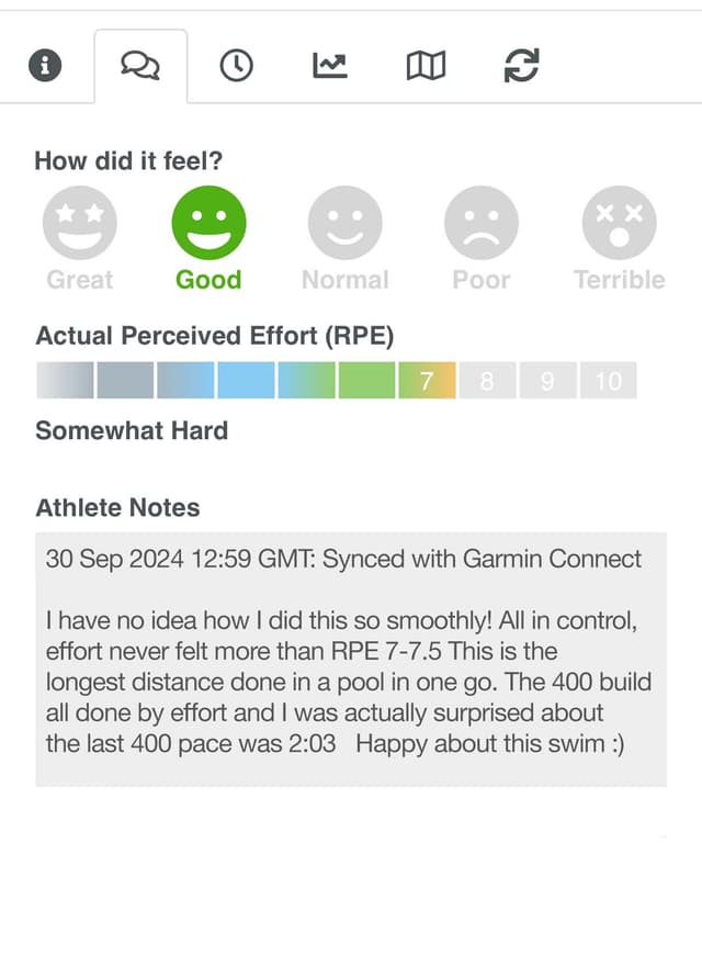 SwimFast athlete feedback screenshot