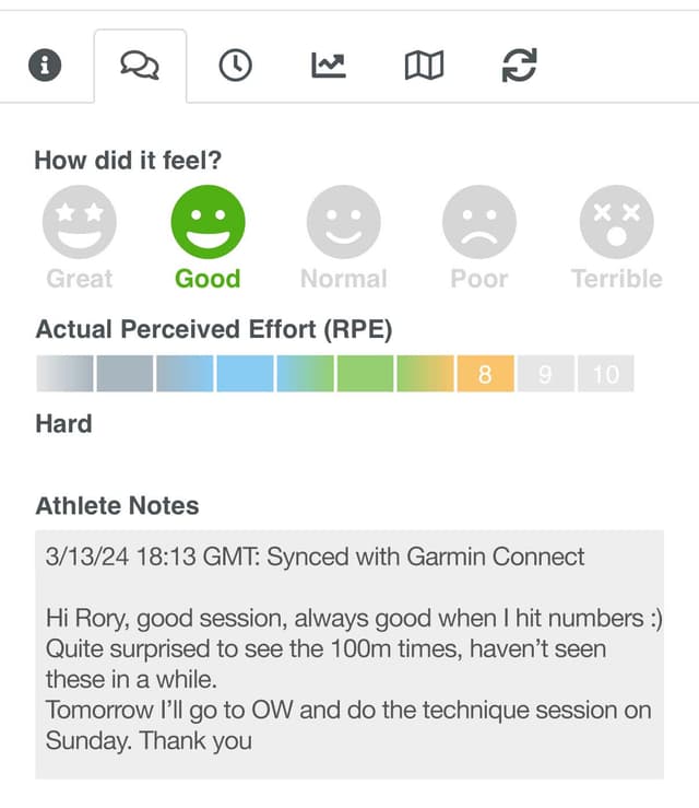 SwimFast athlete feedback screenshot