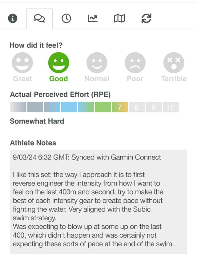 SwimFast athlete feedback screenshot
