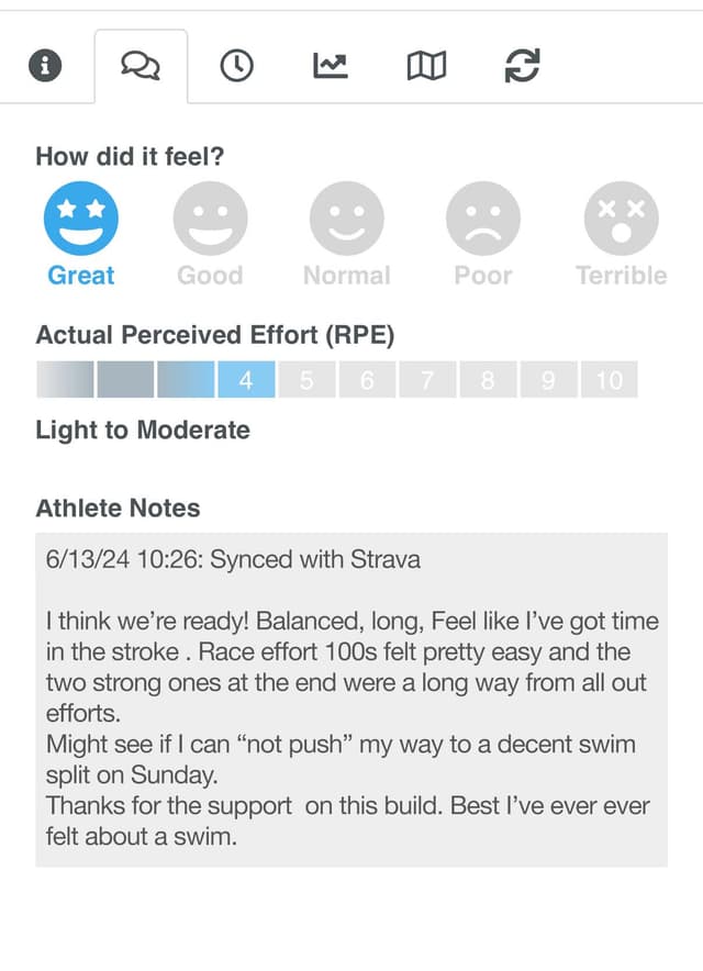 SwimFast athlete feedback screenshot