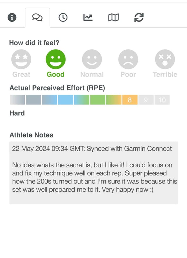 SwimFast athlete feedback screenshot