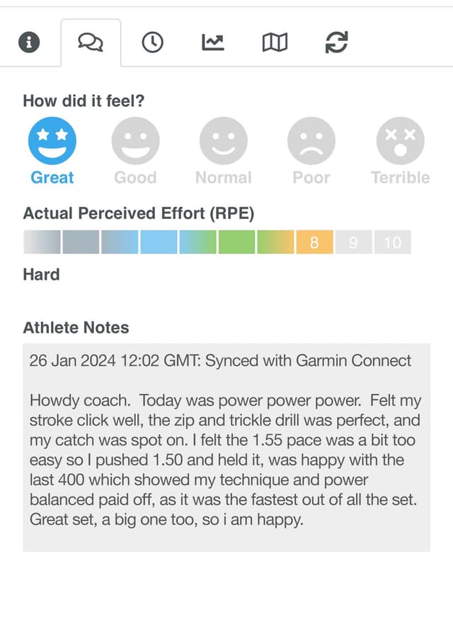 SwimFast athlete feedback screenshot