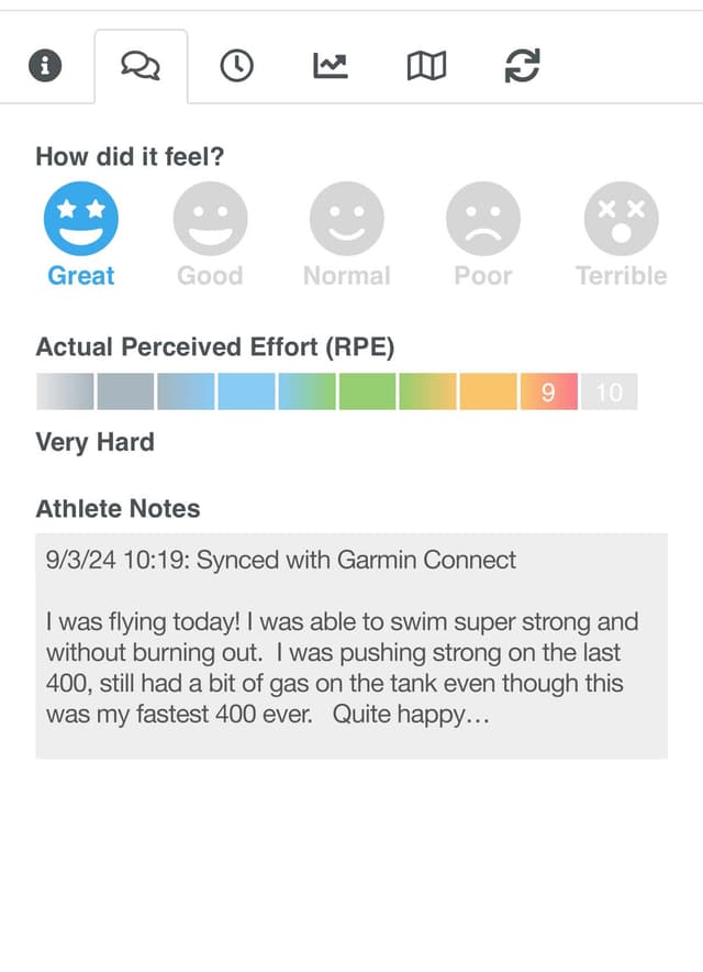 SwimFast athlete feedback screenshot