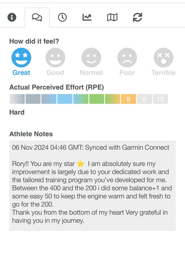 SwimFast athlete feedback screenshot