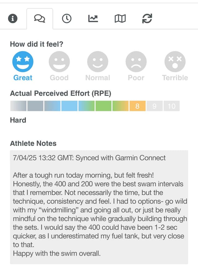 SwimFast athlete feedback screenshot